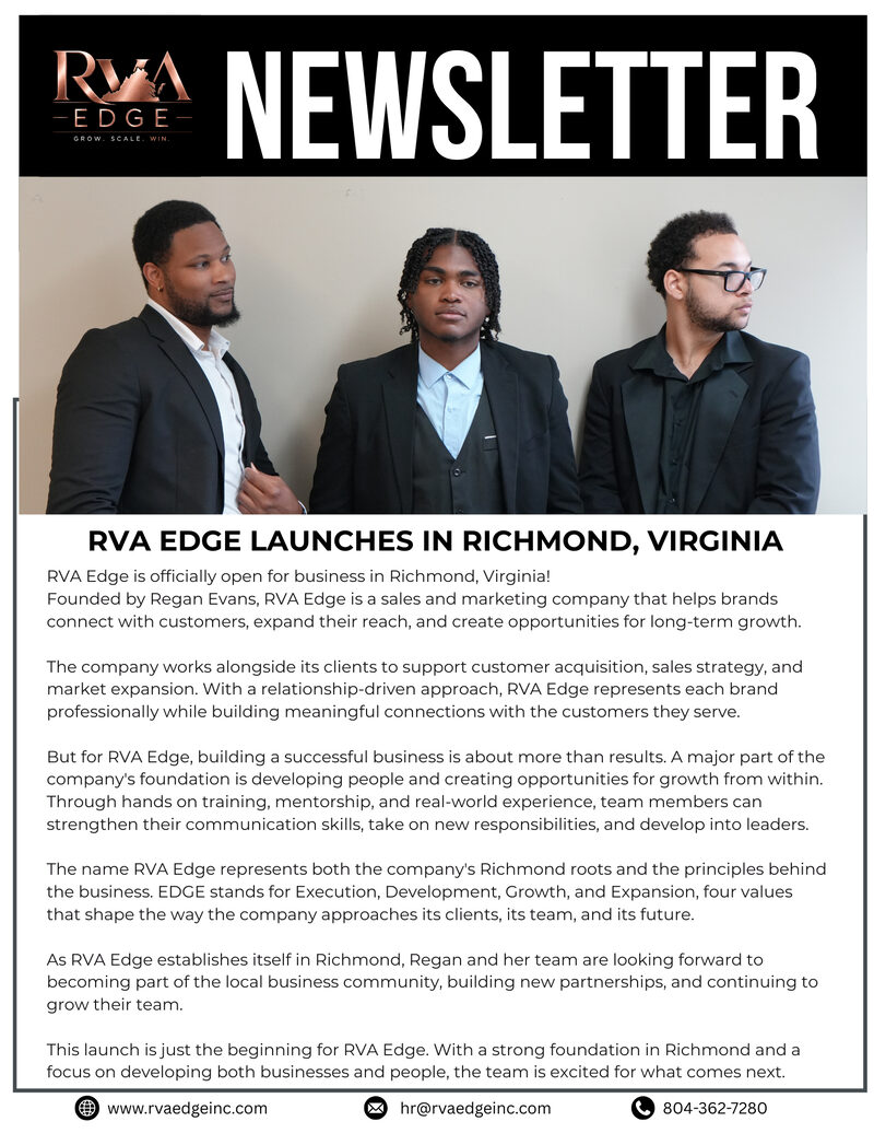 The RVA Edge launch newsletter: three team members in suits beneath the RVA Edge NEWSLETTER banner, above the announcement "RVA Edge Launches in Richmond, Virginia." The full text is repeated below.